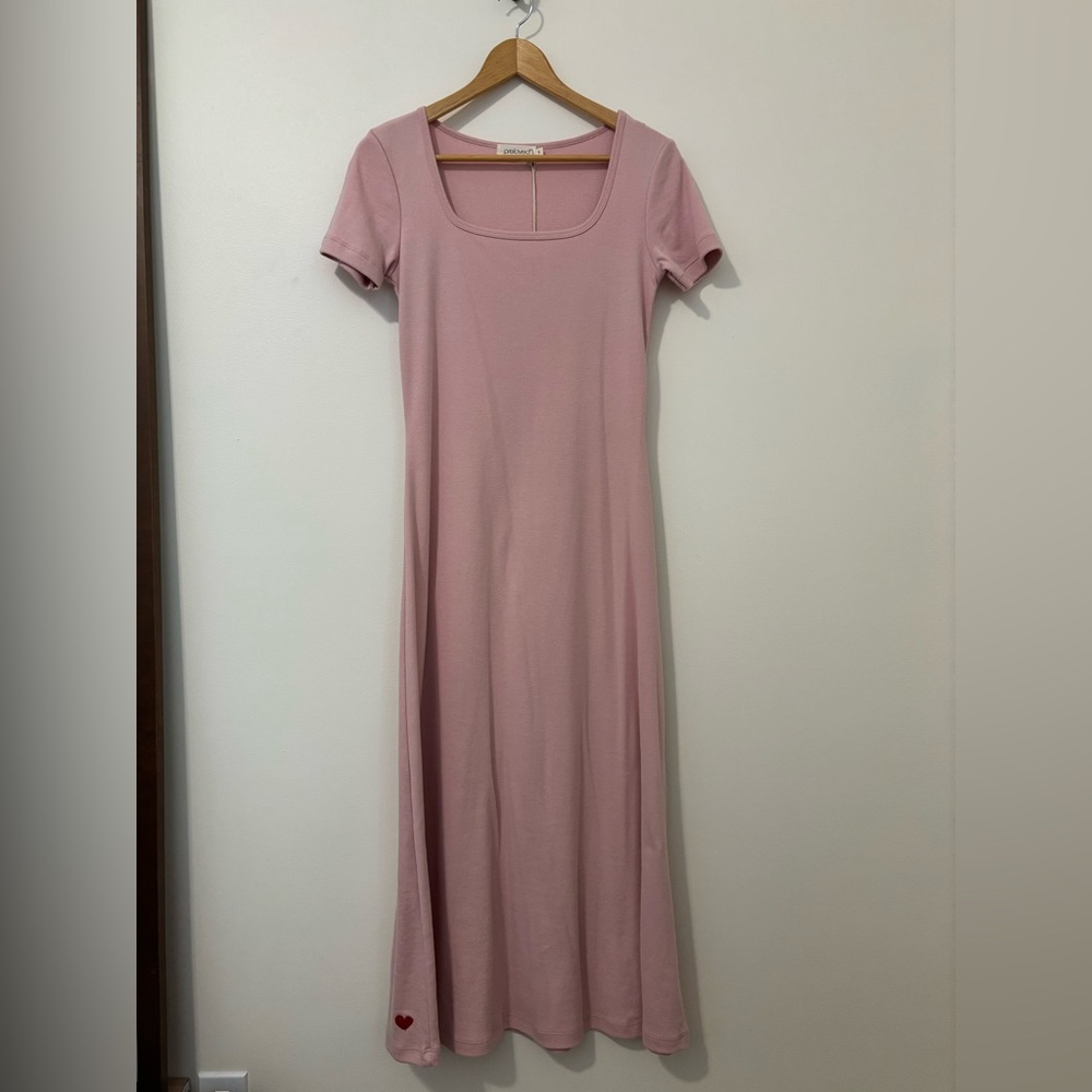 (NWT) Square Neck Pink Midi Dress with Embroidered Heart